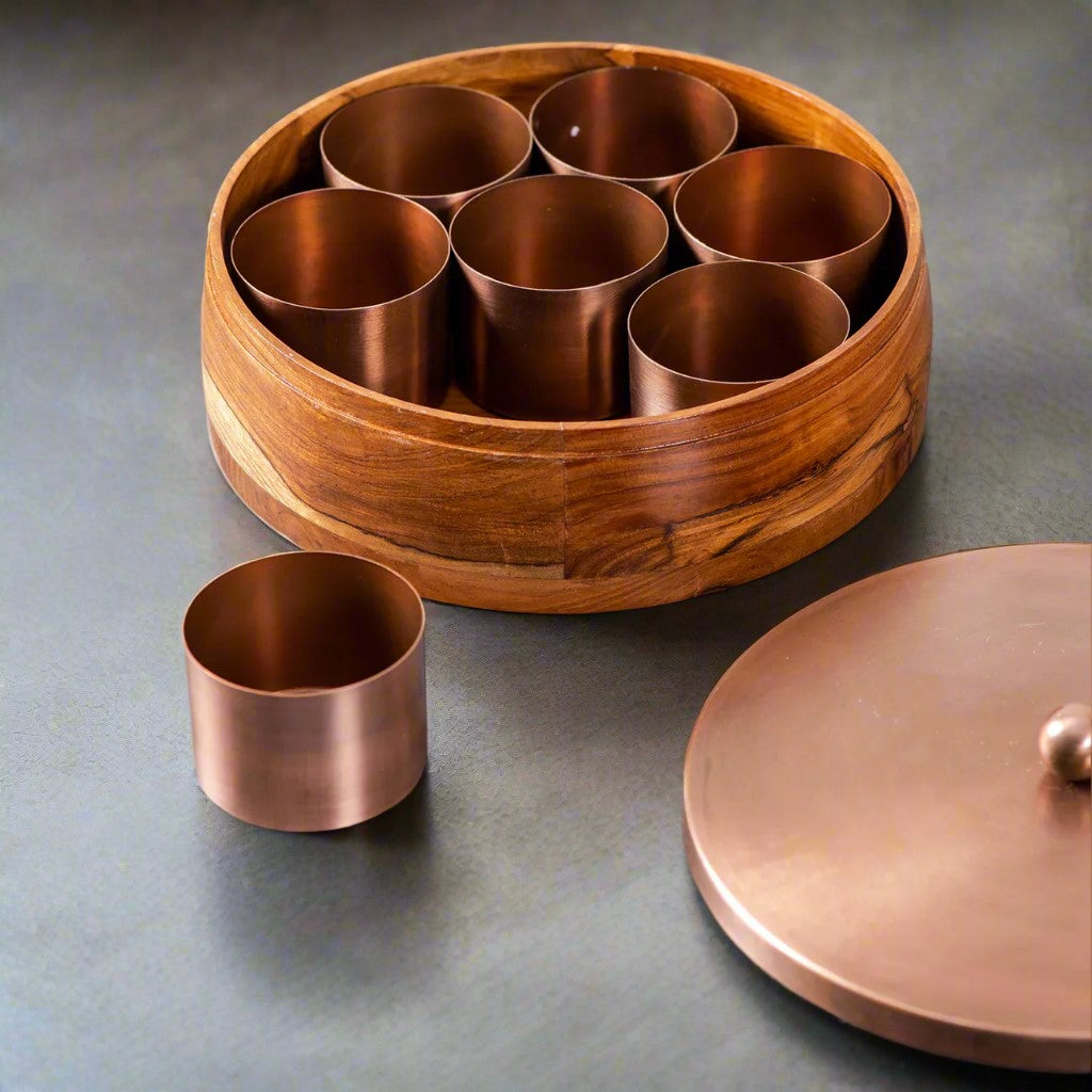 wooden spice box for 7 spices for kitchen/gift item, copper color
